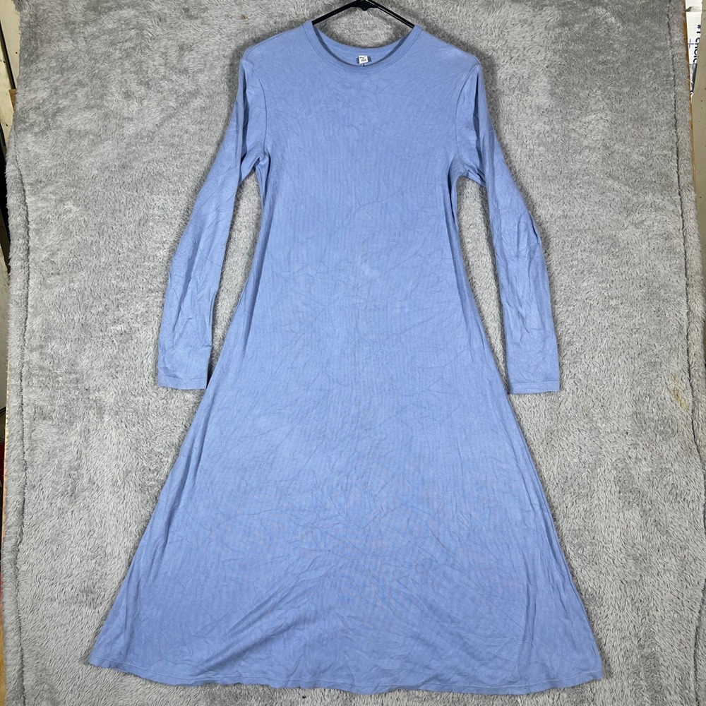 Uniqlo Ribbed Long Sleeve Dress Womens Medium Blue Midi A-Line 291-467098